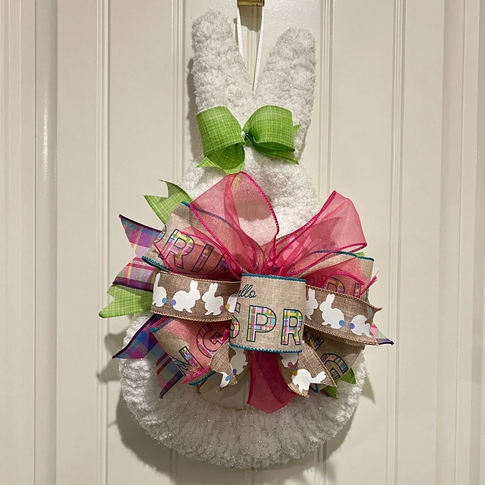 White Fluffy Yarn & Ribbon Bunny Wreath for Easter 19”L #8